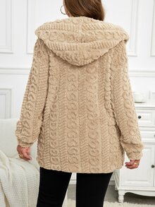 SHEIN LUNE Plus Size Reversible Heart Pattern Fluffy Hooded Jacket, For Winter Fall Autumn - Apricot - View 2