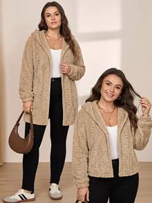 SHEIN LUNE Plus Size Reversible Heart Pattern Fluffy Hooded Jacket, For Winter Fall Autumn - Apricot - View 1