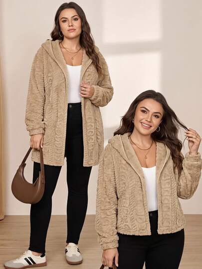 SHEIN LUNE Plus Size Reversible Heart Pattern Fluffy Hooded Jacket, For Winter Fall Autumn