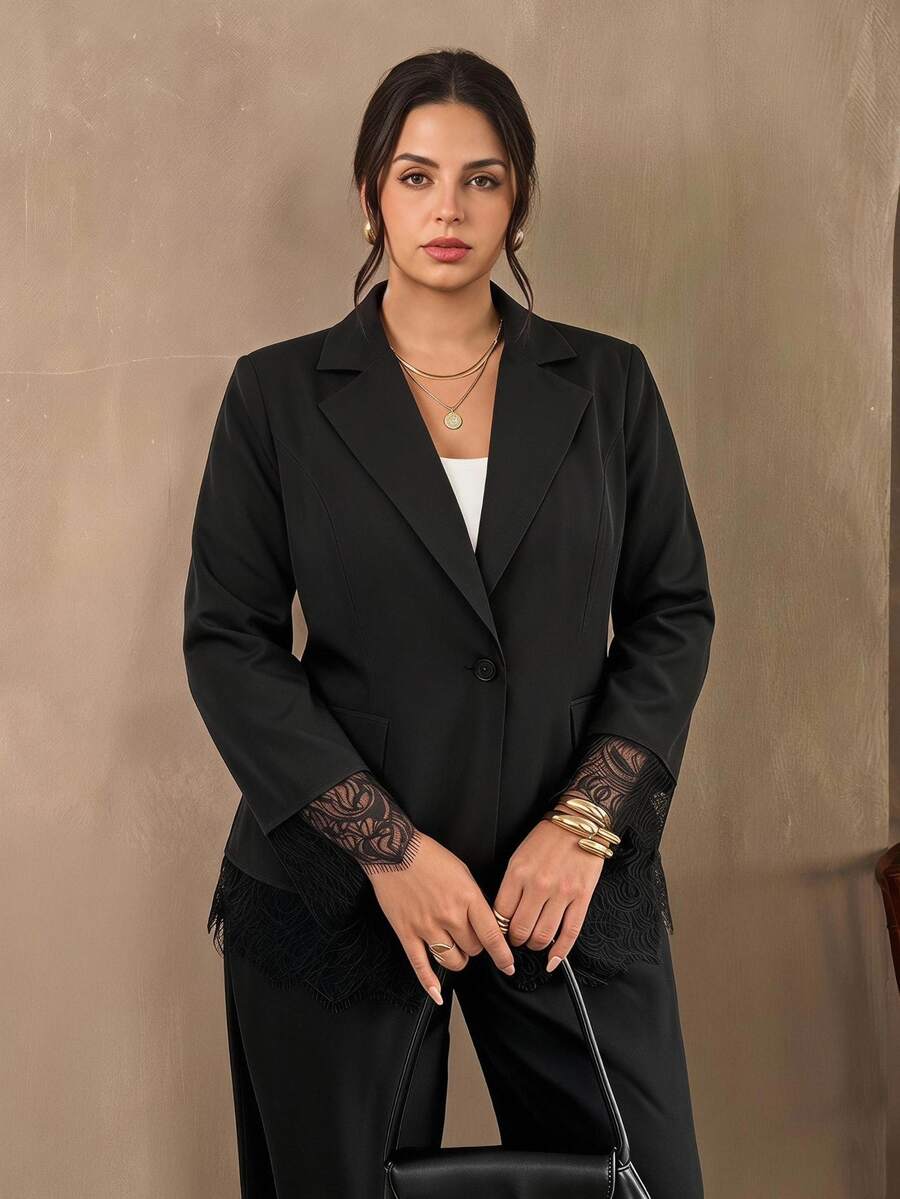 Chikora Plus Size Elegant Business Casual Commuter Party Office Evening Lace Patchwork Blazer Black Summer - Black - View 1