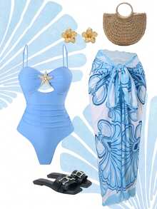 Swim Oasis 女士夏季海滩度假镂空海星装饰褶饰收腹连体泳衣，搭配系腰超长裙 - 藍色 - 查看 1
