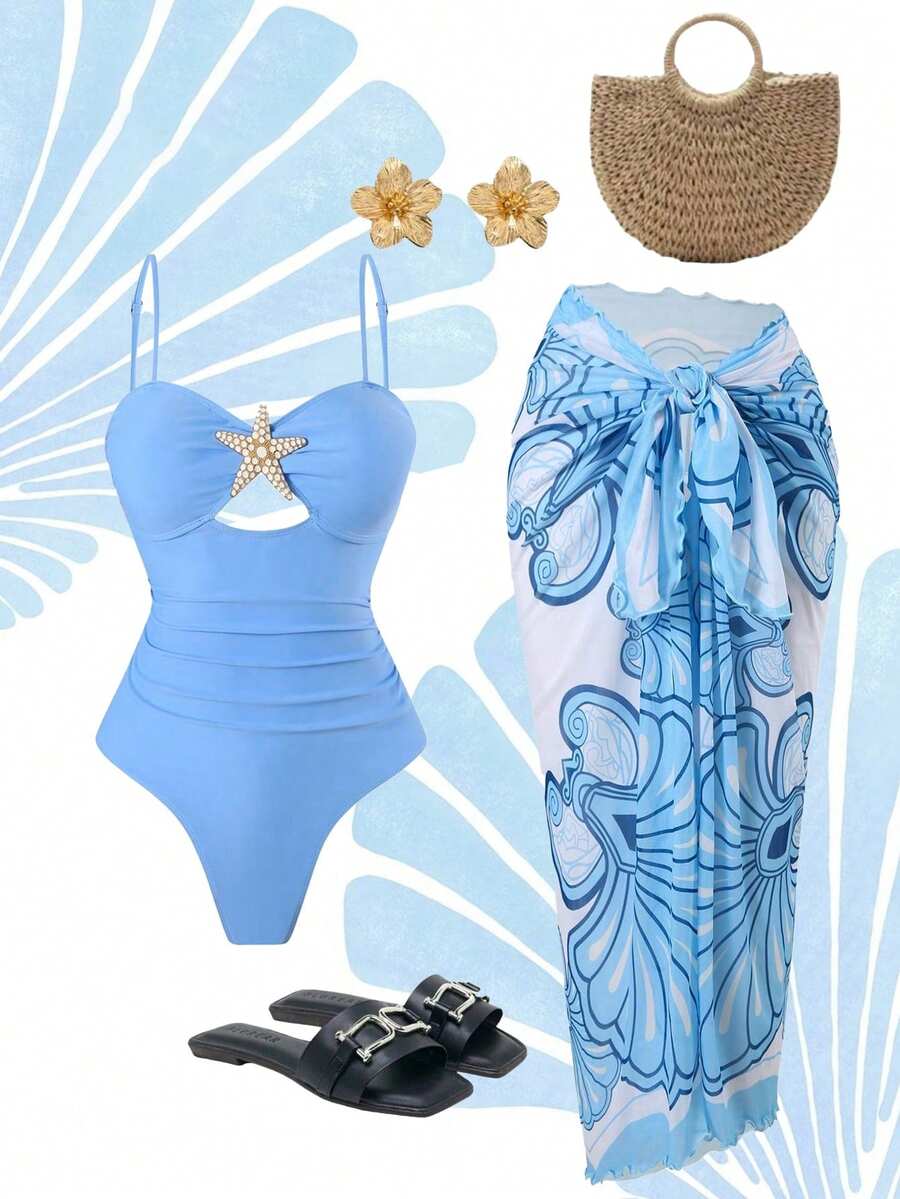 Swim Oasis 女士夏季海滩度假镂空海星装饰褶饰收腹连体泳衣,搭配系腰超长裙 - 藍色 - 查看 1