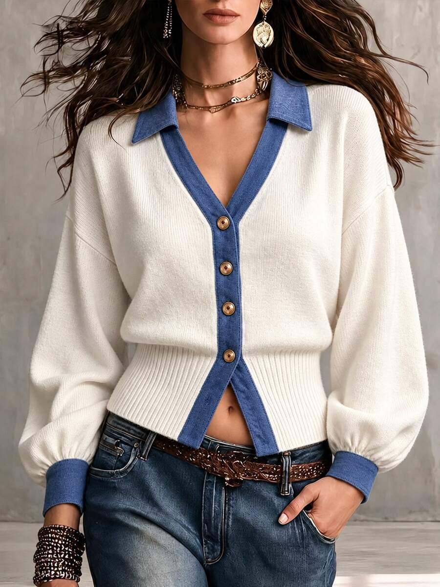 LUMIGAL Women's Elegant Fashion Button Contrast Color Knit Cardigan