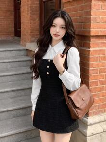 Skyraze Tween 女孩优雅黑白拼色翻领灯笼袖二合一连衣裙，秋装，返校，秋季连衣裙，外出装，白色长袖连衣裙 - 黑與白 - 查看 4