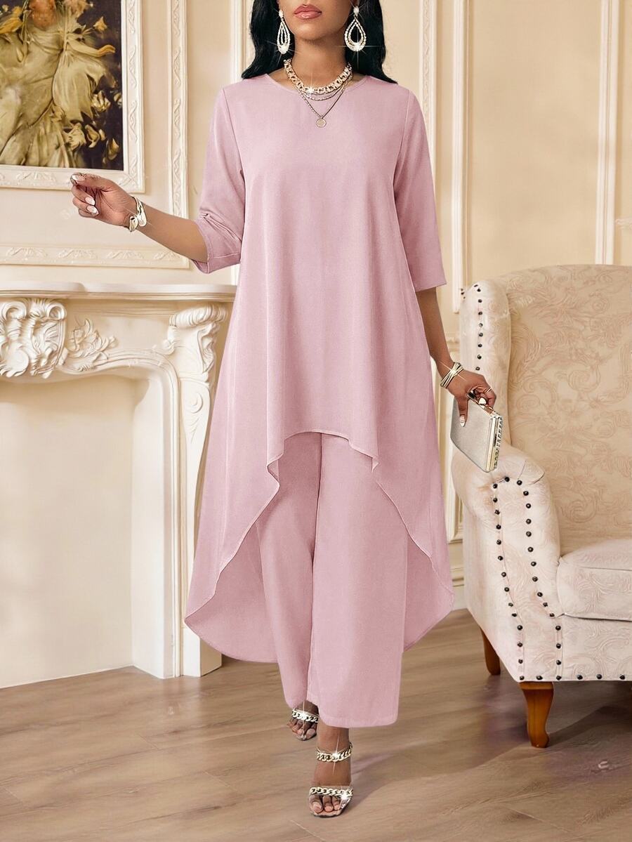 SHEIN Lady 夏季女裝灰粉色長袖不對稱兩件式套裝,適合返校日、早午餐、茶會、婚禮、生日的優雅洋裝 - 藕粉色 - 查看 1