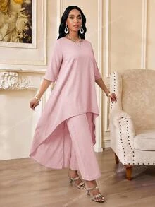 SHEIN Lady 夏季女裝灰粉色長袖不對稱兩件式套裝，適合返校日、早午餐、茶會、婚禮、生日的優雅洋裝 - 藕粉色 - 查看 4