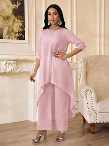 SHEIN Lady 夏季女裝灰粉色長袖不對稱兩件式套裝，適合返校日、早午餐、茶會、婚禮、生日的優雅洋裝 - 藕粉色 - 查看 3