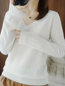 SHEIN LUNE Women's Casual Versatile White V-Neck Sweater, Autumn/Winter Fall Cloth For Women - White - View 1