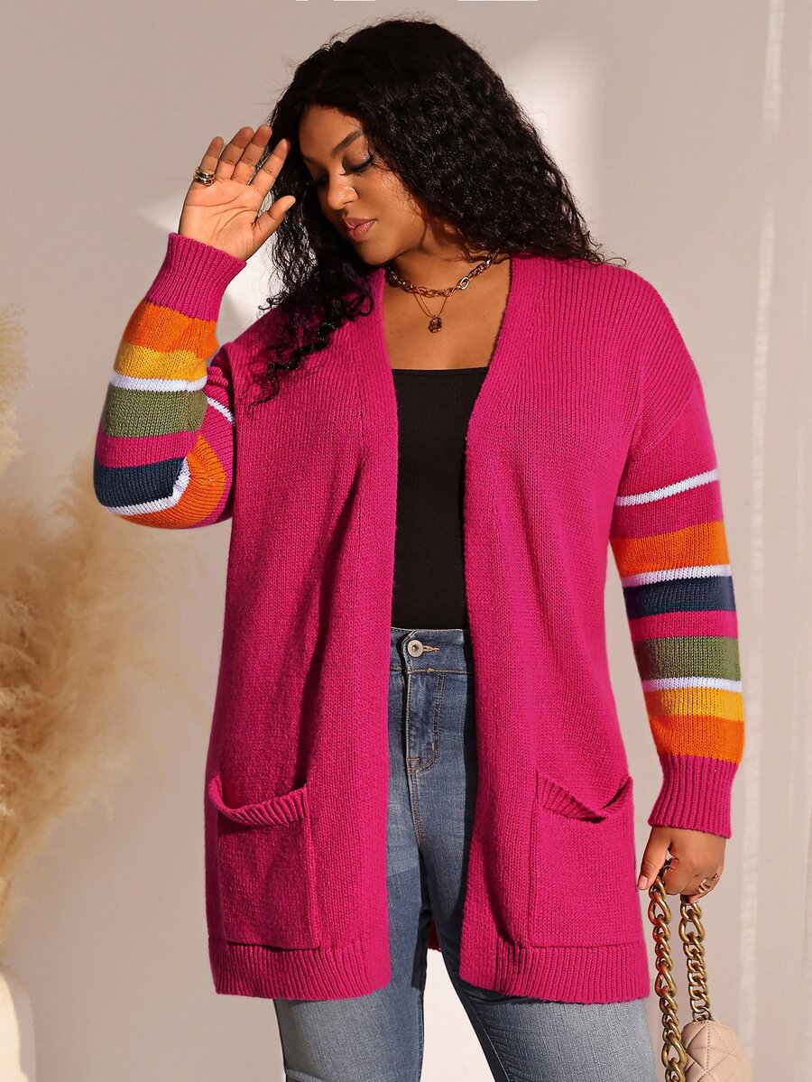BrightlyHer Plus Size Women's Autumn/Winter Country Casual Vacation Rose-Pink Patchwork Ombre Striped Knitted Cardigan With Pockets,Fall, Warm,Modest Outfits - Multicolor - View 1