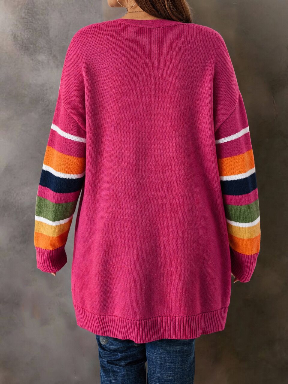 Plus Size Women's Autumn/Winter Country Casual Vacation Rose-Pink Patchwork Ombre Striped Knitted Cardigan With Pockets,Fall, Warm,Modest Outfits