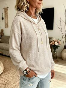 LUMIGAL Sweatshirt Wanita Motif Kabel, Sweatshirt Pullover Kasual Longgar Lengan Panjang dengan Tali Serut untuk Pakaian Brunch Sehari-hari, Warna Beige Musim Gugur - Aprikot - View 5