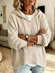 LUMIGAL Sweatshirt Wanita Motif Kabel, Sweatshirt Pullover Kasual Longgar Lengan Panjang dengan Tali Serut untuk Pakaian Brunch Sehari-hari, Warna Beige Musim Gugur - Aprikot - View 4