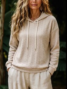 LUMIGAL Sweatshirt Wanita Motif Kabel, Sweatshirt Pullover Kasual Longgar Lengan Panjang dengan Tali Serut untuk Pakaian Brunch Sehari-hari, Warna Beige Musim Gugur - Aprikot - View 3