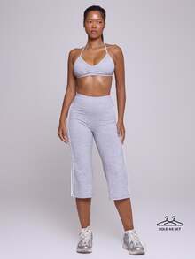 Musera Sport Grey Marl Halterneck Sports Bra With Contrast Colour Side Stripe High Fitted Flare Capri Legging Sold As Set Fall Winter Autumn Fitness Gym Pilates - Grey - View 1