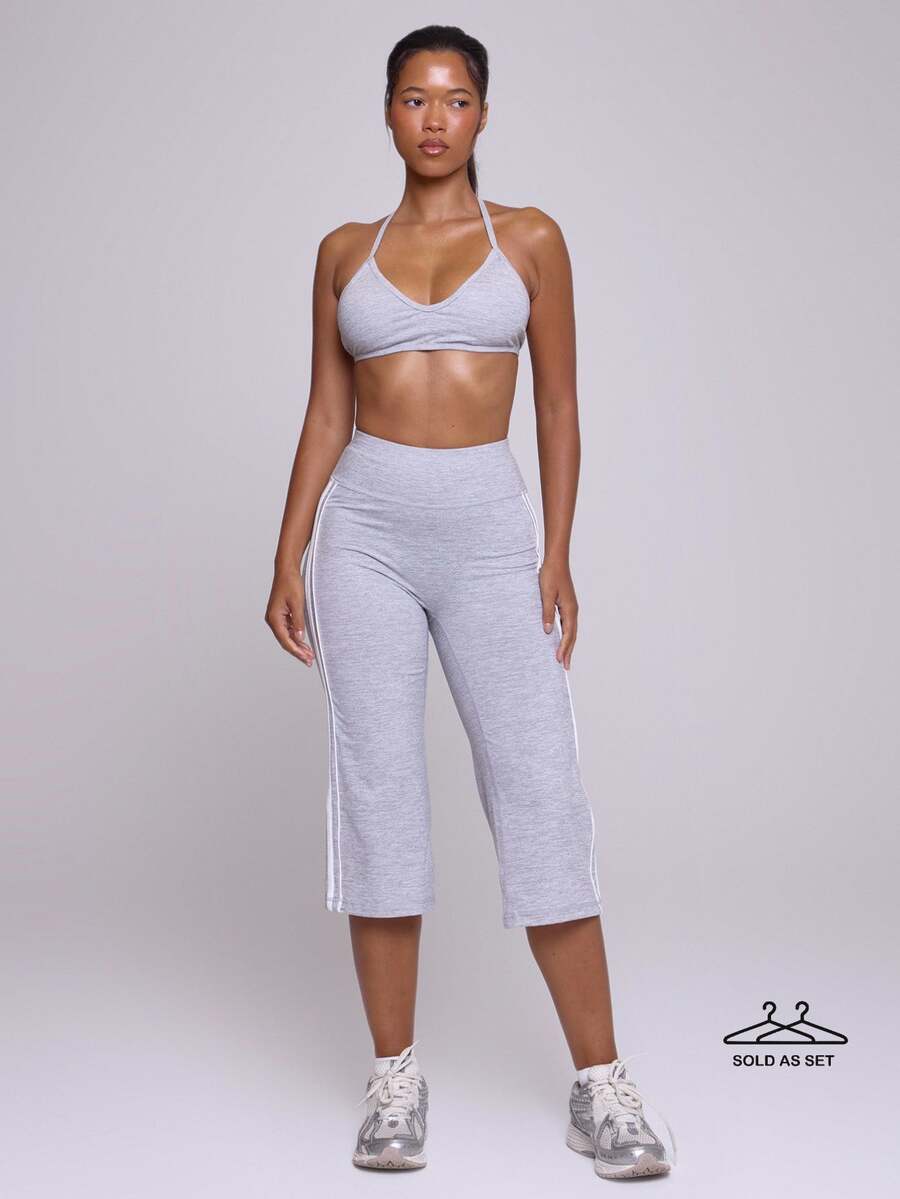 Musera Sport Grey Marl Halterneck Sports Bra With Contrast Colour Side Stripe High Fitted Flare Capri Legging Sold As Set Fall Winter Autumn Fitness Gym Pilates - Grey - View 1