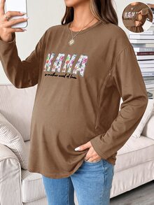 SHEIN 孕婦字母印花哺乳休閒日常上衣 - 棕色 - 查看 2