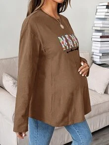 SHEIN 孕婦字母印花哺乳休閒日常上衣 - 棕色 - 查看 5