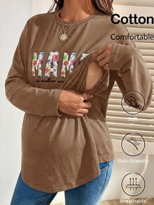 SHEIN 孕婦字母印花哺乳休閒日常上衣 - 棕色 - 查看 3