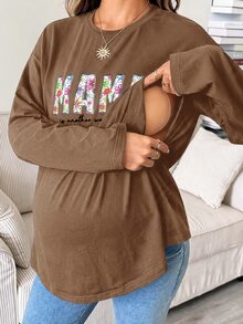 SHEIN 孕婦字母印花哺乳休閒日常上衣 - 棕色 - 查看 1