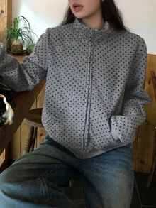 Dazy Plus Plus Size Thermal Lined Thickened Fashion Loose Fit Spring/Autumn New Polka Dot Long Sleeve Korean Style Sweatshirt - Grey - View 9