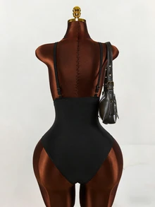 SHEIN Swim Curve 加大码连体泳衣，黑色，腰部有褶饰，简约设计，适合日常穿着和海滩度假，适合夏季度假 - 黑色 - 查看 7