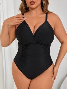 SHEIN Swim Curve 加大码连体泳衣，黑色，腰部有褶饰，简约设计，适合日常穿着和海滩度假，适合夏季度假 - 黑色 - 查看 5