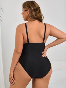 SHEIN Swim Curve 加大码连体泳衣，黑色，腰部有褶饰，简约设计，适合日常穿着和海滩度假，适合夏季度假 - 黑色 - 查看 3