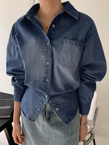 DAZY 淺洗藍色領口口袋寬鬆長袖牛仔襯衫 春夏秋 - 藍色 - 查看 3