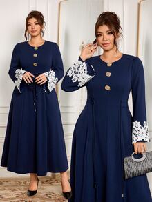 Modelyn Elegant Solid Color Knit Round Neck Long Sleeve Contrast Cuff Lace Trim Cinched Waist A-Line Regular Fit Plus Size Dress For Spring And Autumn - Navy Blue - View 1