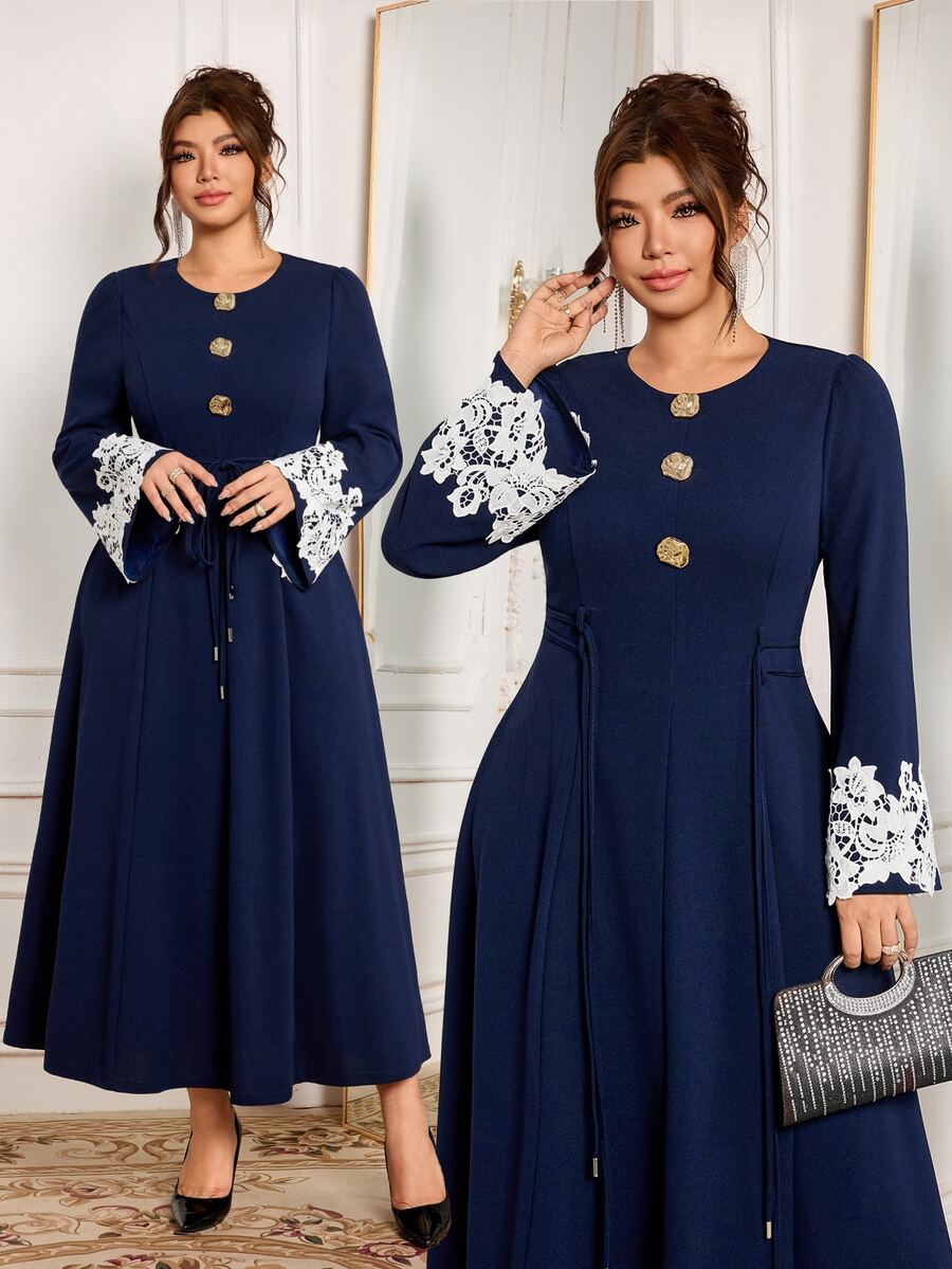 Modelyn Elegant Solid Color Knit Round Neck Long Sleeve Contrast Cuff Lace Trim Cinched Waist A-Line Regular Fit Plus Size Dress For Spring And Autumn - Navy Blue - View 1