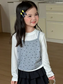 DAZY Young Girl Crew Neck 2 In 1 Fashionable Cute T-Shirt - Grey - View 3