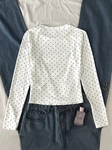 SHEIN Tween Girls Cute Polka Dot Cherry Print Long Sleeve Fall Tops T-Shirt, Back To School - Beige - View 2