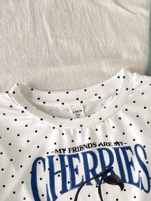 SHEIN Tween Girls Cute Polka Dot Cherry Print Long Sleeve Fall Tops T-Shirt, Back To School - Beige - View 5
