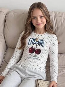 SHEIN Tween Girls Cute Polka Dot Cherry Print Long Sleeve Fall Tops T-Shirt, Back To School - Beige - View 1