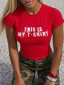 SHEIN BAE Women's Red Slogan Rhinestone T-Shirt/All Season T-Shirt/Red Top/Club Top/Rave Party Top/Halloween Top/New Year Top/Basic Top/Red Top/Holiday Top/Party Top/Shiny Top/Rhinestone Top - Red - View 1