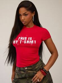 SHEIN BAE Women's Red Slogan Rhinestone T-Shirt/All Season T-Shirt/Red Top/Club Top/Rave Party Top/Halloween Top/New Year Top/Basic Top/Red Top/Holiday Top/Party Top/Shiny Top/Rhinestone Top - Red - View 2