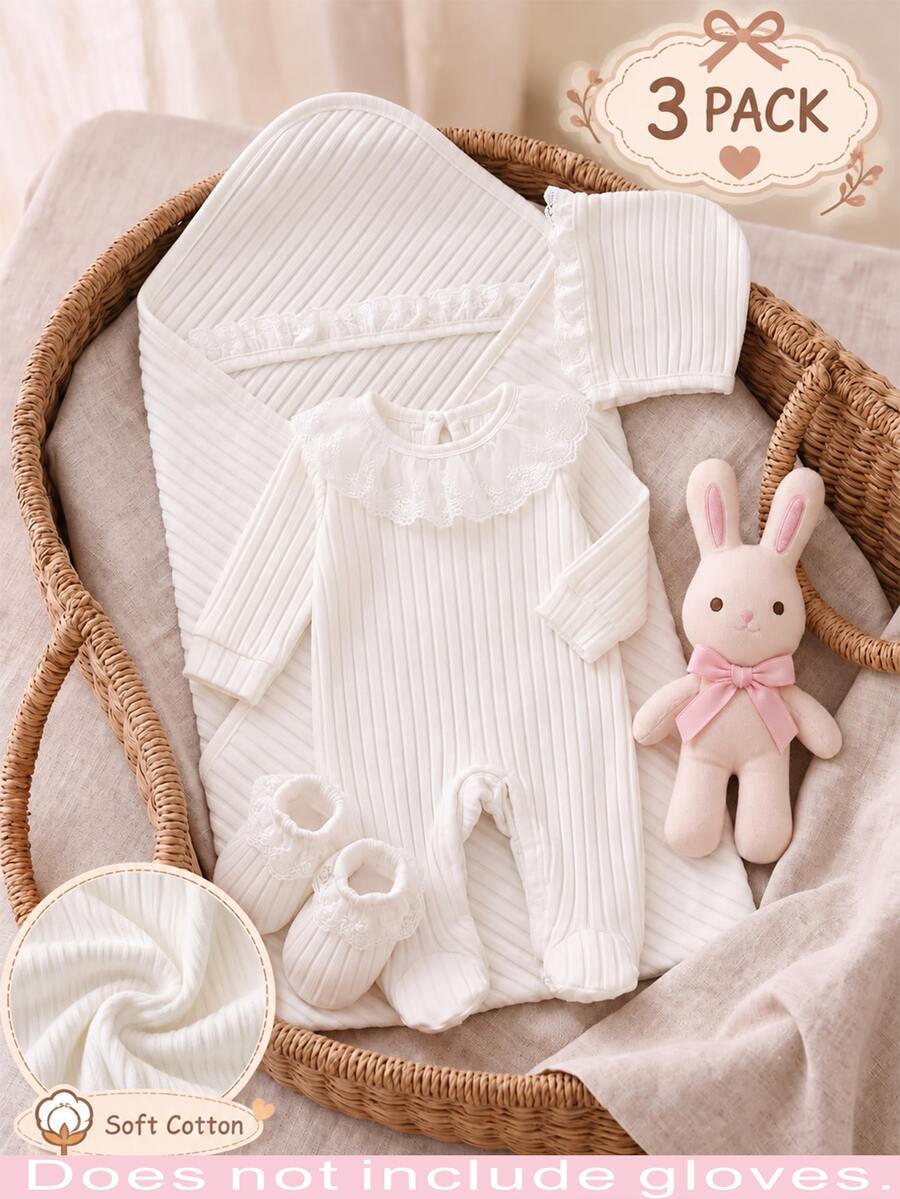 SHEIN 3件組新生兒禮品套裝,彼得潘領蕾絲連身衣附帽子、包巾與手套,厚絨秋冬套裝 - 白色 - 查看 1