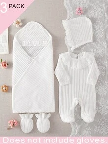 SHEIN 3件組新生兒禮品套裝，彼得潘領蕾絲連身衣附帽子、包巾與手套，厚絨秋冬套裝 - 白色 - 查看 3