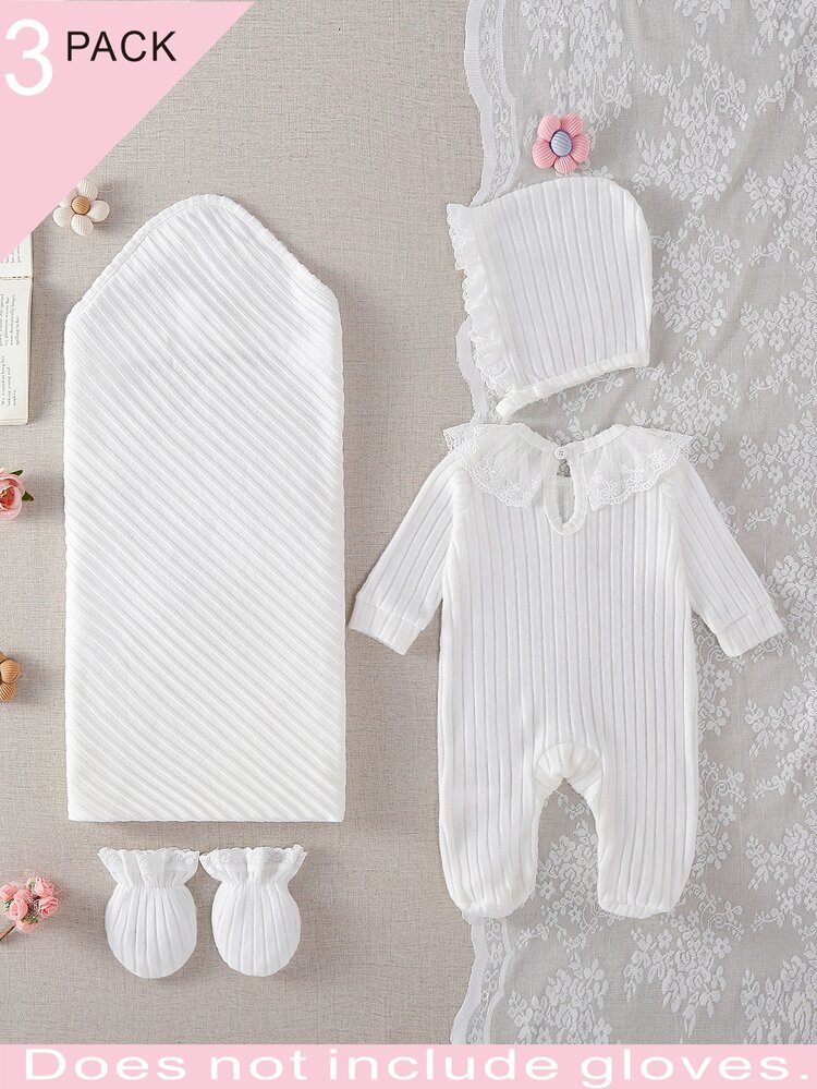SHEIN 3 Pieces Newborn Gift Set, Peter Pan Collar Lace Romper With Hat, Swaddle Blanket & Mittens, Thick Fleece Fall Winter Outfit - White - View 2