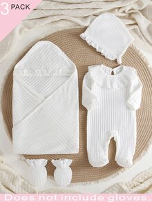 SHEIN 3件組新生兒禮品套裝，彼得潘領蕾絲連身衣附帽子、包巾與手套，厚絨秋冬套裝 - 白色 - 查看 7