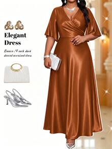 Fleurora Gaun Maxi Kasual Elegan Ukuran Plus Warna Polos untuk Pesta Makan Malam Formal, Pernikahan, Musim Panas, Thanksgiving - Khaki - View 3