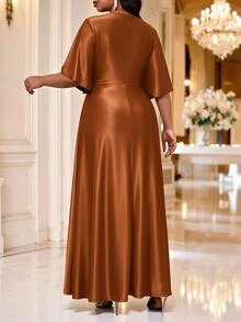 Fleurora Gaun Maxi Kasual Elegan Ukuran Plus Warna Polos untuk Pesta Makan Malam Formal, Pernikahan, Musim Panas, Thanksgiving - Khaki - View 2