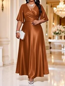Fleurora Gaun Maxi Kasual Elegan Ukuran Plus Warna Polos untuk Pesta Makan Malam Formal, Pernikahan, Musim Panas, Thanksgiving - Khaki - View 1