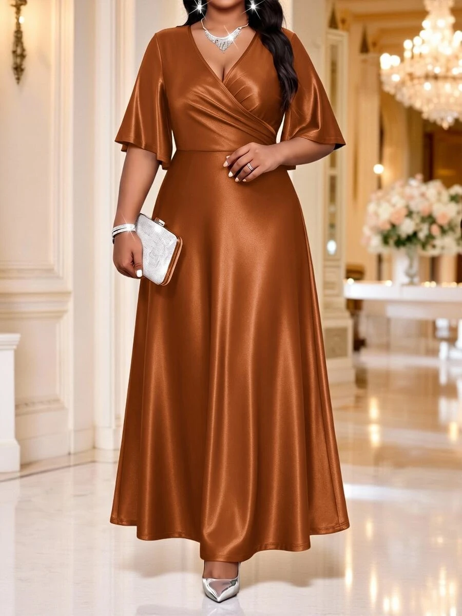Fleurora Gaun Maxi Kasual Elegan Ukuran Plus Warna Polos untuk Pesta Makan Malam Formal, Pernikahan, Musim Panas, Thanksgiving - Khaki - View 1