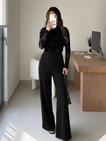 Firerie Women's Elegant Minimalist Romantic Party High Elasticity Knitted Flocked Lace Patchwork Jumpsuit, Black Solid Color Long Sleeve Draped Neckline Cinched Waist Loose Wide Leg Pants Jumpsuit, Suitable For Casual Daily Wear, Vacation, Holiday, Outing