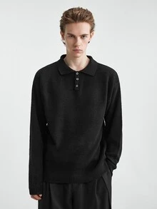 Manfinity CasualKnits 男士黑色秋季休閒基本款商務休閒辦公室純色極簡拉鍊開襟長袖羊絨針織鈕扣 Polo 領毛衣 - 黑色 - 查看 7