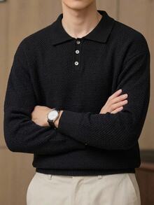 Manfinity CasualKnits 男士黑色秋季休閒基本款商務休閒辦公室純色極簡拉鍊開襟長袖羊絨針織鈕扣 Polo 領毛衣 - 黑色 - 查看 2