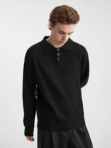 Manfinity CasualKnits 男士黑色秋季休閒基本款商務休閒辦公室純色極簡拉鍊開襟長袖羊絨針織鈕扣 Polo 領毛衣 - 黑色 - 查看 4