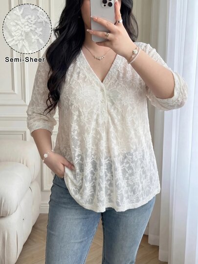 Vibekara Casual Elegant Minimalist French Lace Jacquard Fabric V-Neck Loose Top Suitable For Casual Dating Shopping Air-Conditioned Room Wear 3/4 Sleeve Flattering Design Soft Skin-Friendly Fabric Apricot Versatile Plus Size Women's T-Shirt