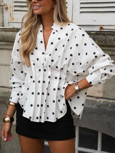 Serisse Women's Polka Dot Pleated Design Drop Shoulder Blouse,Dot Print Long Sleeve Oversized Shirt Elegant Blouse For Women Casual Work Office Tops